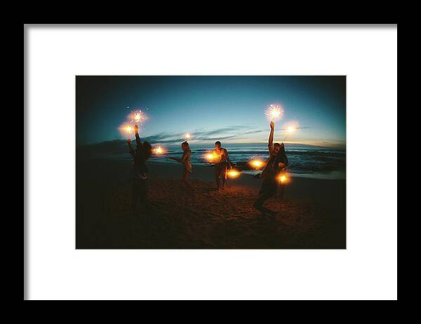 Water's Edge Framed Print featuring the photograph Group Of Friends With Fireworks by Wundervisuals