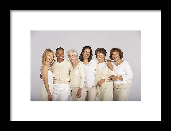Asian And Indian Ethnicities Framed Print featuring the photograph Group of mature and senior women, smiling, portrait by Ariel Skelley