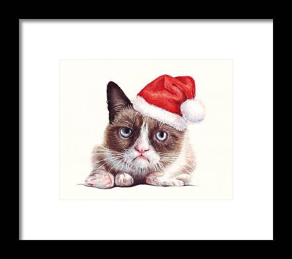 Grumpy Framed Print featuring the painting Grumpy Cat as Santa by Olga Shvartsur
