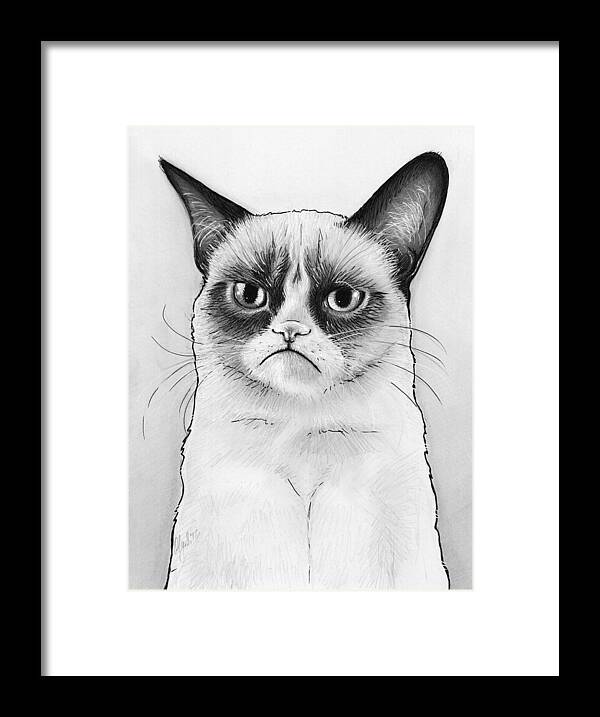 Grumpy Cat Framed Print featuring the drawing Grumpy Cat Portrait by Olga Shvartsur