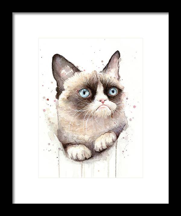 Grumpy Framed Print featuring the painting Grumpy Cat Watercolor by Olga Shvartsur