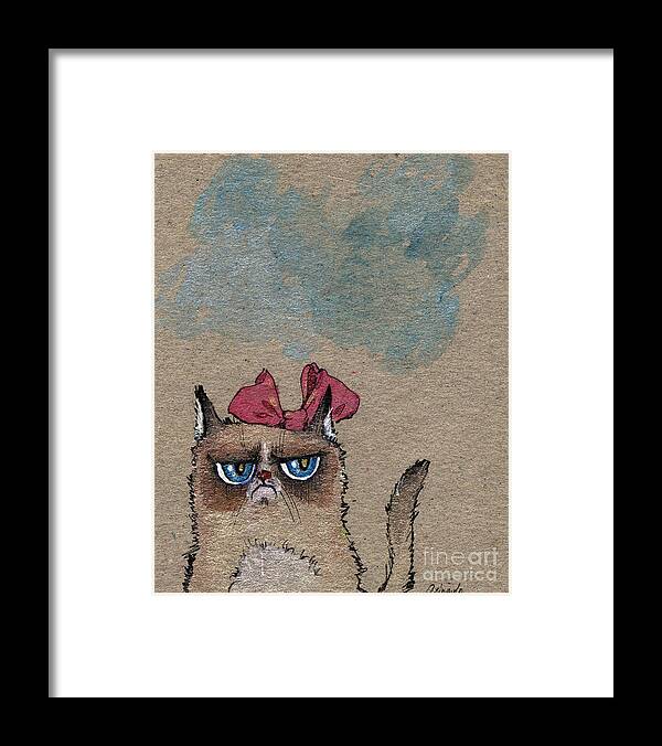Cat Framed Print featuring the painting Grumpy Cat With Red Ribbon by Ang El