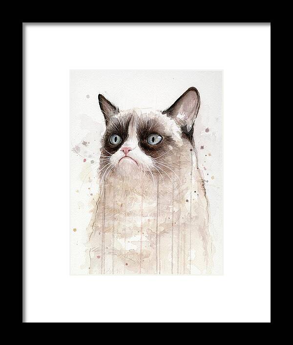 Grumpy Framed Print featuring the painting Grumpy Watercolor Cat by Olga Shvartsur