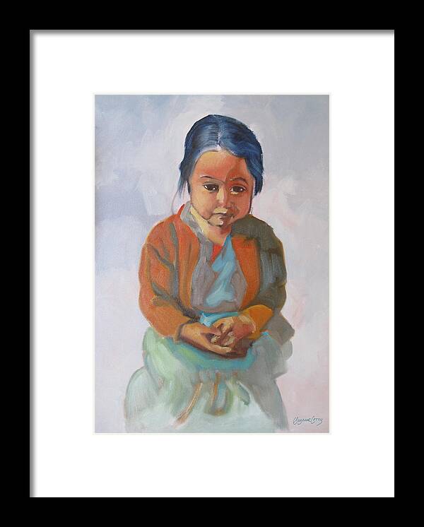 Children Framed Print featuring the painting Guatemalan Girl with Folded Hands by Suzanne Giuriati Cerny