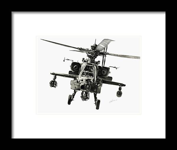 Apache Helicopter Framed Print featuring the drawing Gunship by Murray Jones