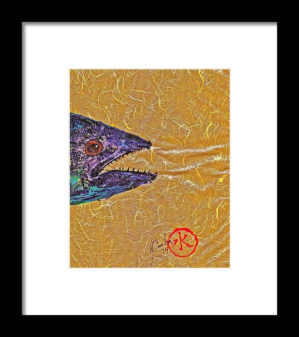 Spanish Mackerel Framed Print featuring the mixed media Gyotaku- Spanish Mackerel- Bright Yellow Unryu Paper by Jeffrey Canha