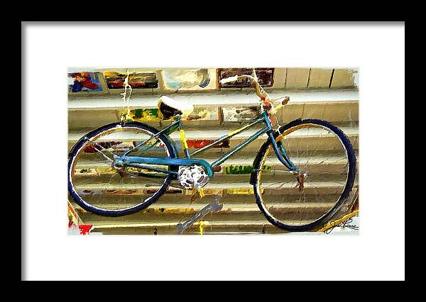 Blue Bike Framed Print featuring the painting Hanging Bike by Joan Reese
