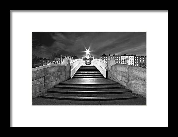 Ha'penny Bridge Framed Print featuring the photograph Ha'penny Bridge Steps at Night - Dublin - Black and White by Barry O Carroll