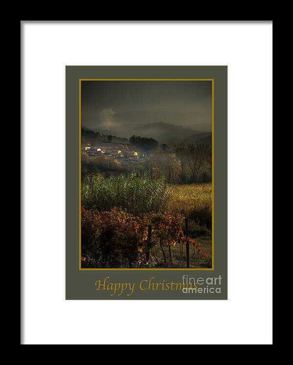 Italian Framed Print featuring the photograph Happy Christmas with Foggy Tuscan Valley by Prints of Italy