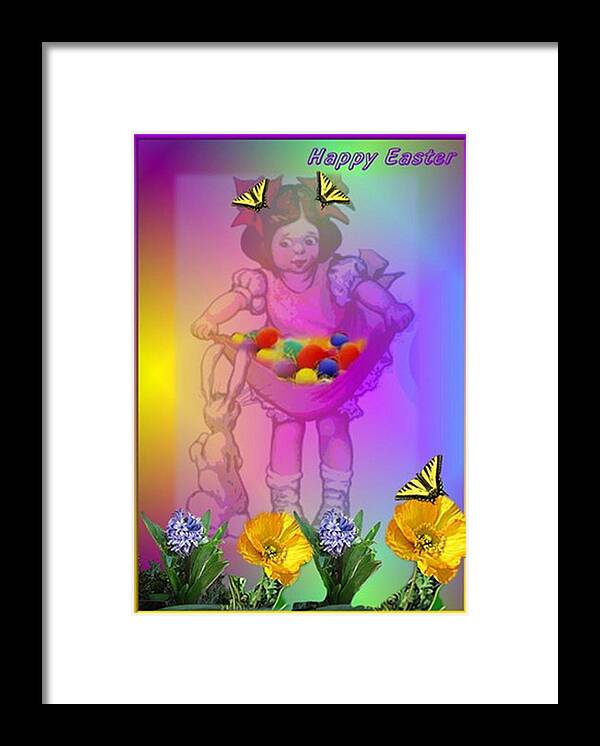 Easter Framed Print featuring the photograph Happy Easter Girl Eggs Bunny and flowers and butterflies by Joyce Dickens