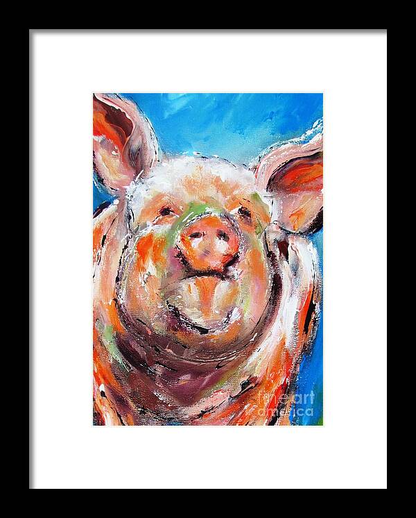 Piglet Framed Print featuring the painting Happy piglet -ideal painting for kitchen by Mary Cahalan Lee - aka PIXI