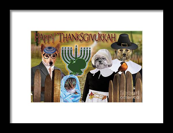 Canine Thanksgiving Framed Print featuring the digital art Happy Thanksgivukkah -1 by Kathy Tarochione