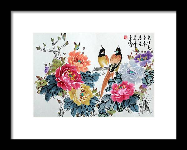 Red Peonies Framed Print featuring the painting Harmony and Lasting Spring by Yufeng Wang