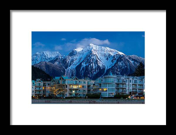 Baby Munday Peak Framed Print featuring the photograph Harrison Hot Springs Condos and Mount Cheam Range by Michael Russell