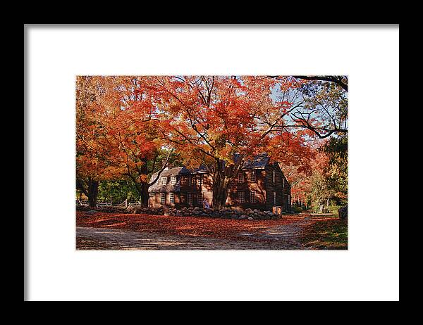Autumn Foliage New England Framed Print featuring the photograph Hartwell tavern under canopy of fall foliage by Jeff Folger