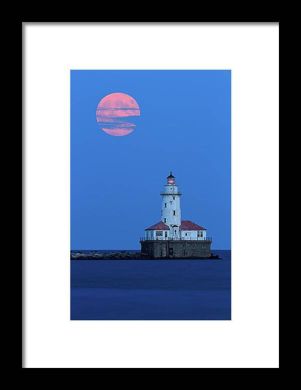 Lake Michigan Framed Print featuring the photograph Harvest Moon Over Chicago Harbor by Katherine Gendreau Photography