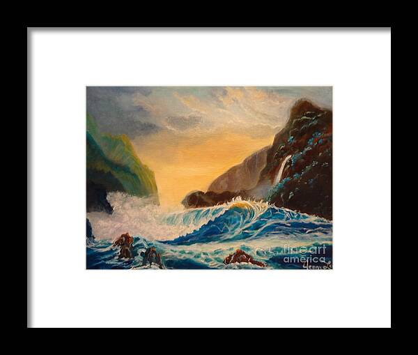 Turquoise Framed Print featuring the painting Hawaiian Turquoise Sunset  Copyright by Jenny Lee