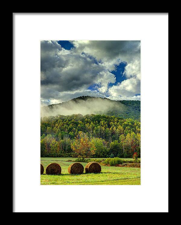 Smoky Mountains Framed Print featuring the photograph Hay Bales In The Morning by Michael Eingle