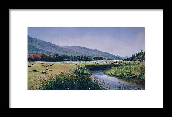 Birdseye Art Studio Framed Print featuring the painting Hayfield and River by Nick Payne