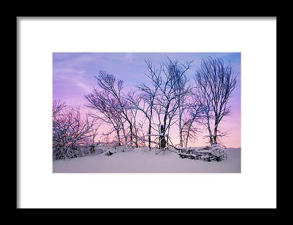 Sunset Framed Print featuring the photograph Hayrake and Trees - Winter Sunset by Nikolyn McDonald