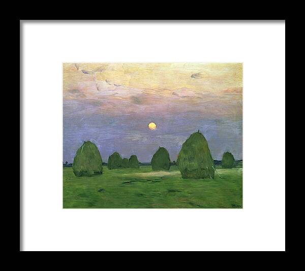 Landscape; Sunset; Agricultural; Field; Haystacks; Haystack; Hayrick; Deserted Framed Print featuring the painting Hayricks at Dusk by Isaak Ilyich Levitan