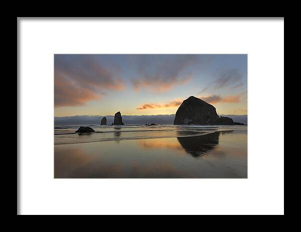 Cannon Beach Framed Print featuring the photograph Haystack and Sunset along Oregon Coast by David Gn