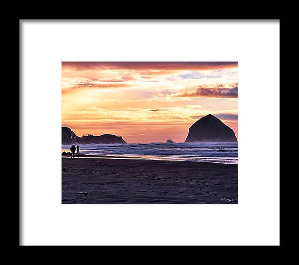 Haystack Rock Framed Print featuring the photograph Haystack Rock Beach Walk Sunset by Chriss Pagani