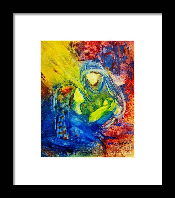 Nativity Framed Print featuring the painting He Has Come by Deborah Nell