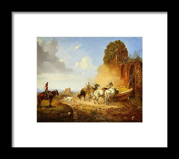 Heinrich Burkel Cattle Watering At A Fountain On The Via Appia A Tiqua Framed Print featuring the painting Heinrich Burkel Cattle Watering at a Fountain on the Via Appia A tiqua by MotionAge Designs