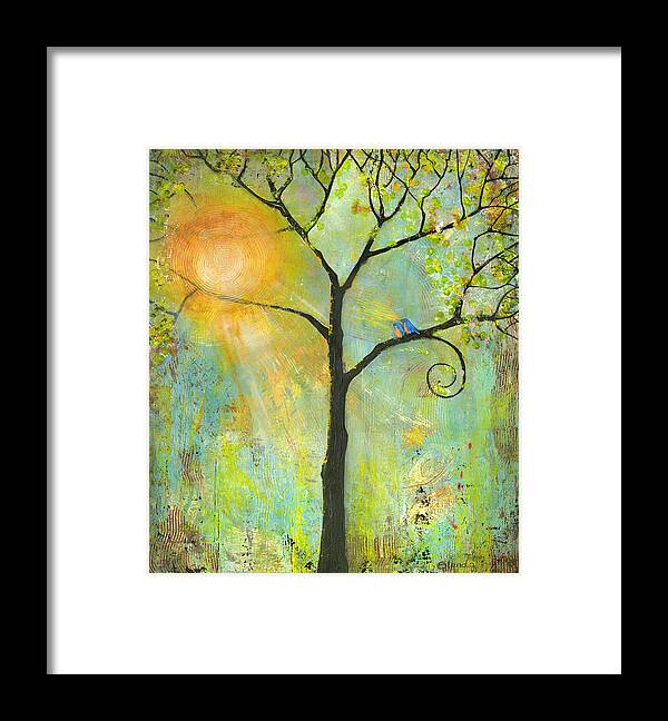 Tree Framed Print featuring the painting Hello Sunshine Tree Birds Sun by Blenda Studio