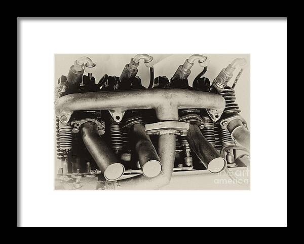 Henderson Motorcycle Engine Framed Print featuring the photograph Henderson Motorcycle Engine with a Heath Parasol Kit by Wilma Birdwell