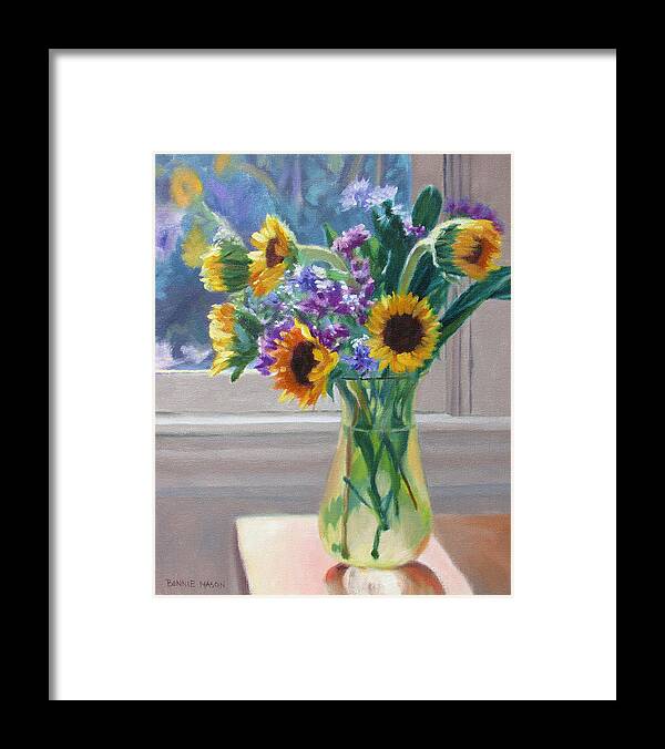 Sunflowers Framed Print featuring the painting Here Comes the Sun- Sunflowers by the Window by Bonnie Mason