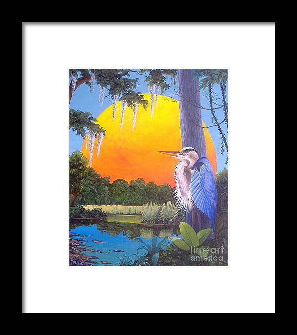 Nature Paintings Framed Print featuring the painting Heron at Sunset-II by Michael Allen