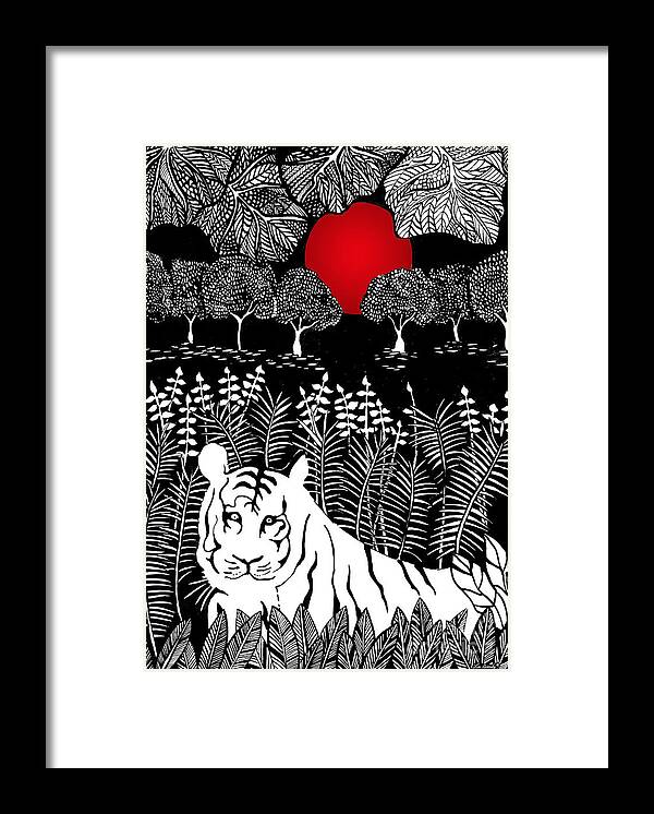 Ink Drawing Framed Print featuring the drawing Hiding Tiger by Lee Owenby