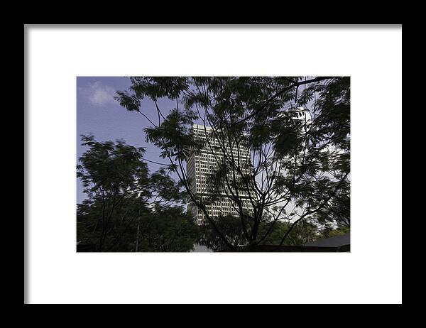 Action Framed Print featuring the digital art High rise buildings behind trees in Singapore by Ashish Agarwal