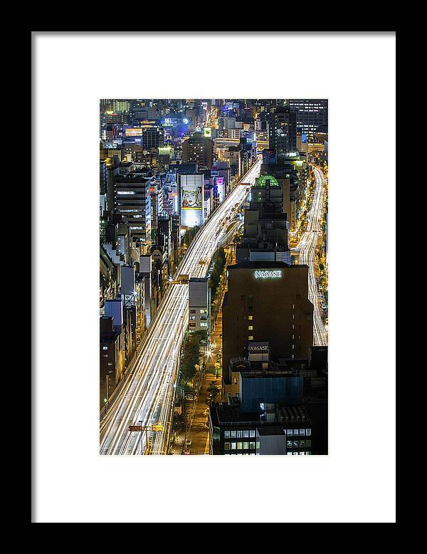 Osaka Prefecture Framed Print featuring the photograph Highway At Night In Osaka With Traffic by Sandro Bisaro