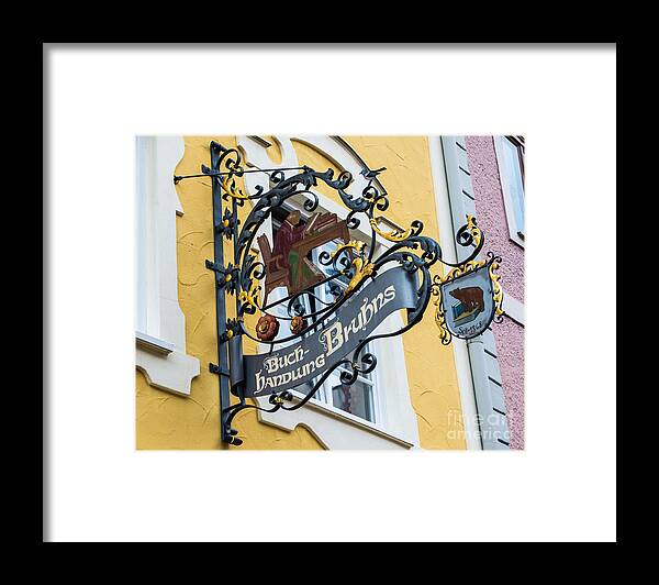 Fussen Framed Print featuring the photograph Historic Fussen Bear Bookstore Sign - Germany by Gary Whitton