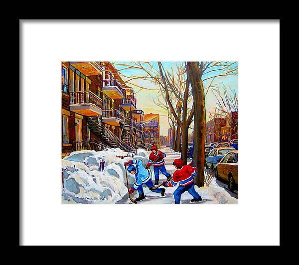 Montreal Framed Print featuring the painting Hockey Art - Paintings Of Verdun- Montreal Street Scenes In Winter by Carole Spandau
