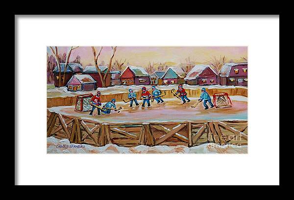 Country Hockey Rink Framed Print featuring the painting Hockey Game-outdoor Hockey -beautiful Canadian Winter Landscape-hockey Heroes-carole Spandau by Carole Spandau