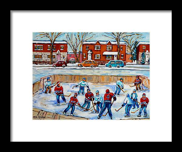 Hockey At Van Horne Montreal Framed Print featuring the painting Hockey Rink At Van Horne Montreal by Carole Spandau