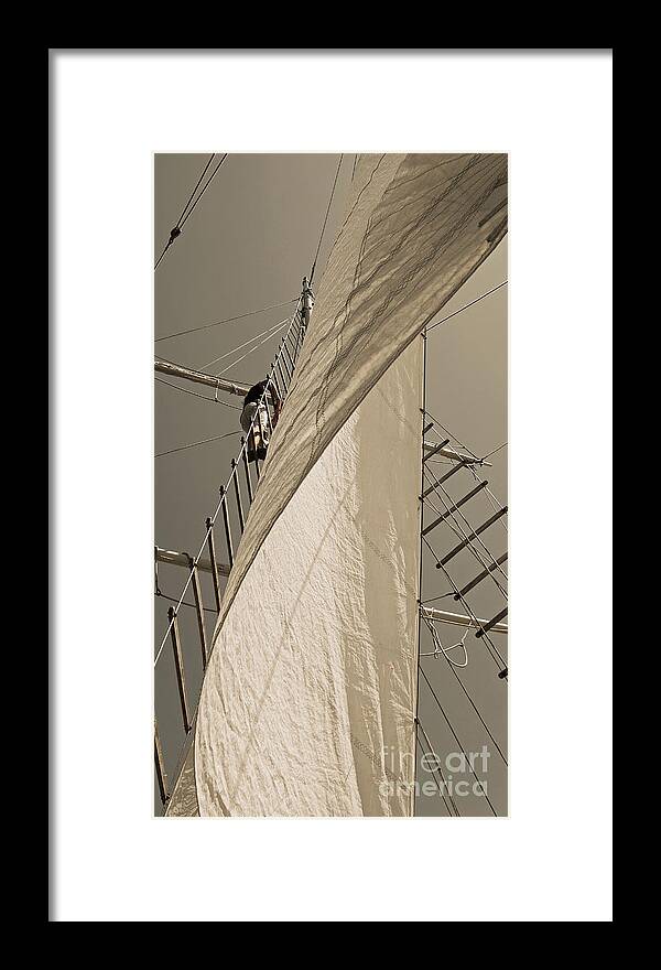Schooner Framed Print featuring the photograph Hoisting The Mainsail In Sepia by Jani Freimann