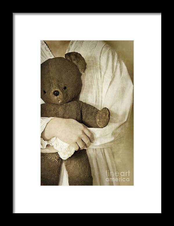 Girl; Female; Teen; Youth; Toddler; Young; Teddy Bear; Bear; Toy; Holding; Night Gown; Close Up; Cuddle; Old; Vintage; Hand; Brown; Dirty; Plush Framed Print featuring the photograph Holding Her Teddy by Margie Hurwich