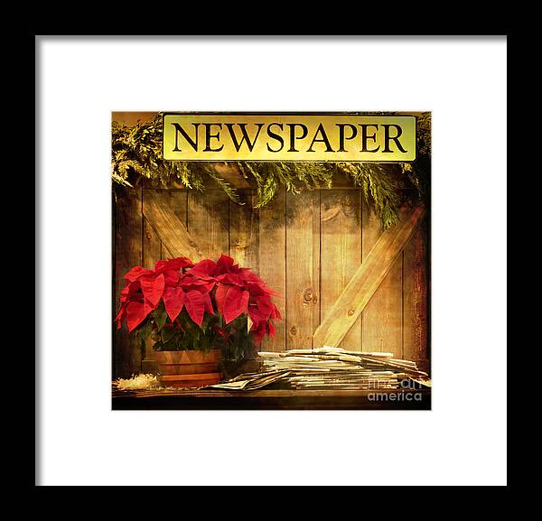 Christmas; Country; Newspaper; Sign; Vintage; Wood; Home; Business; Flowers; House; Red; Wooden; Holiday; Pile; Seasonal; Brown; Table; Garland; Greenery; Christmastime; Store; Poinsettia Framed Print featuring the photograph Holiday News by Margie Hurwich