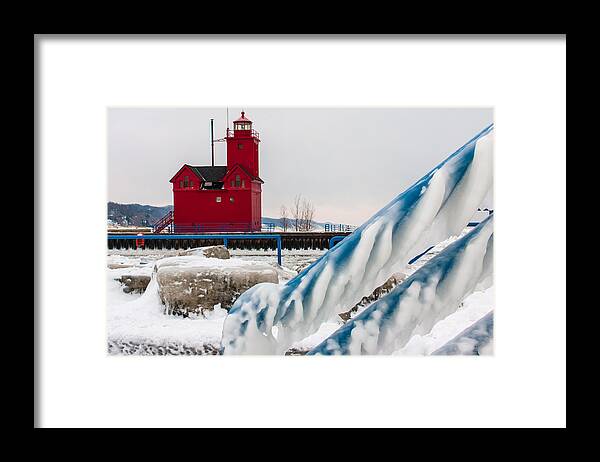 Holland Big Red Lighthouse Framed Print featuring the photograph Holland Big Red Lighthouse from the North by Joe Holley