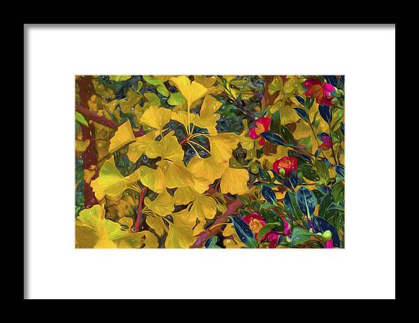Art Framed Print featuring the photograph Gingko branch with Camellia by Saxon Holt