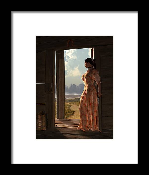 Widows Threshold Framed Print featuring the digital art Homestead Woman by Daniel Eskridge