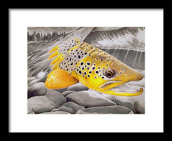 Brown Framed Print featuring the drawing Hookjaw on the Move by Nick Laferriere