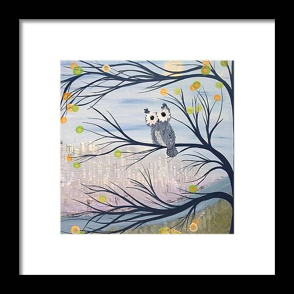 Owls Paintings Framed Print featuring the painting Hoolandia Hoo's City 01 by MiMi Stirn
