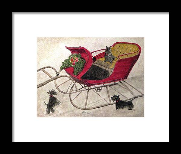 Scotties Framed Print featuring the painting Hoping For A Sleigh Ride by Angela Davies