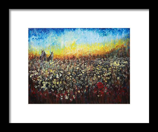 Horses Framed Print featuring the painting Horses and Dandelions by Nik Helbig